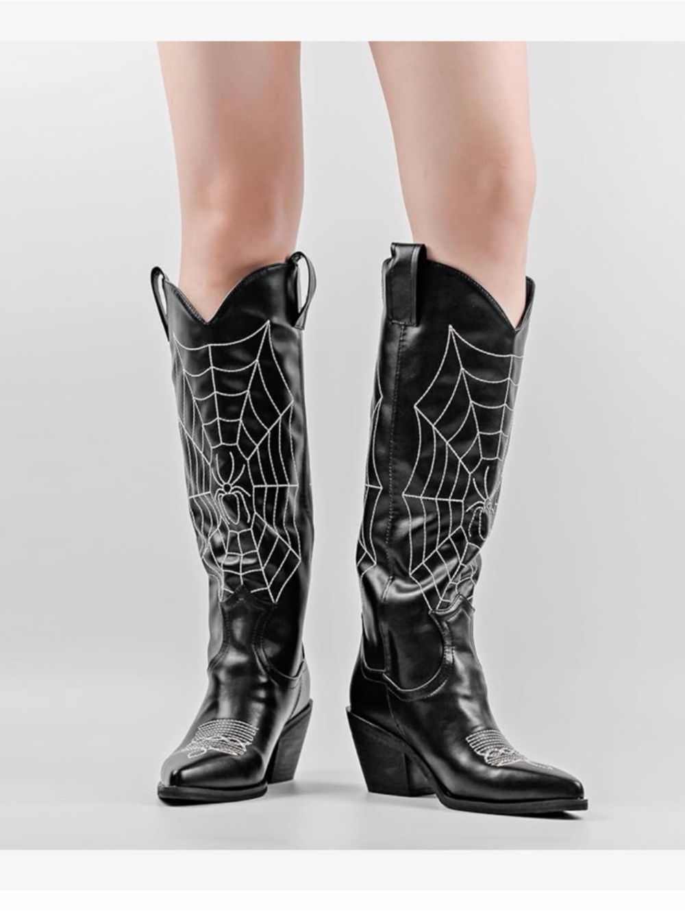 Amazon Black Western Knee-High Boots with White Spiderweb Stitching